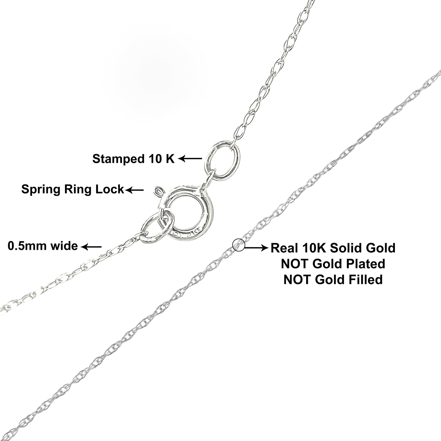 Haus of Brilliance Solid 10K White Gold 0.5mm Rope Chain Necklace. Unisex Chain - Size 16&quot; Inches