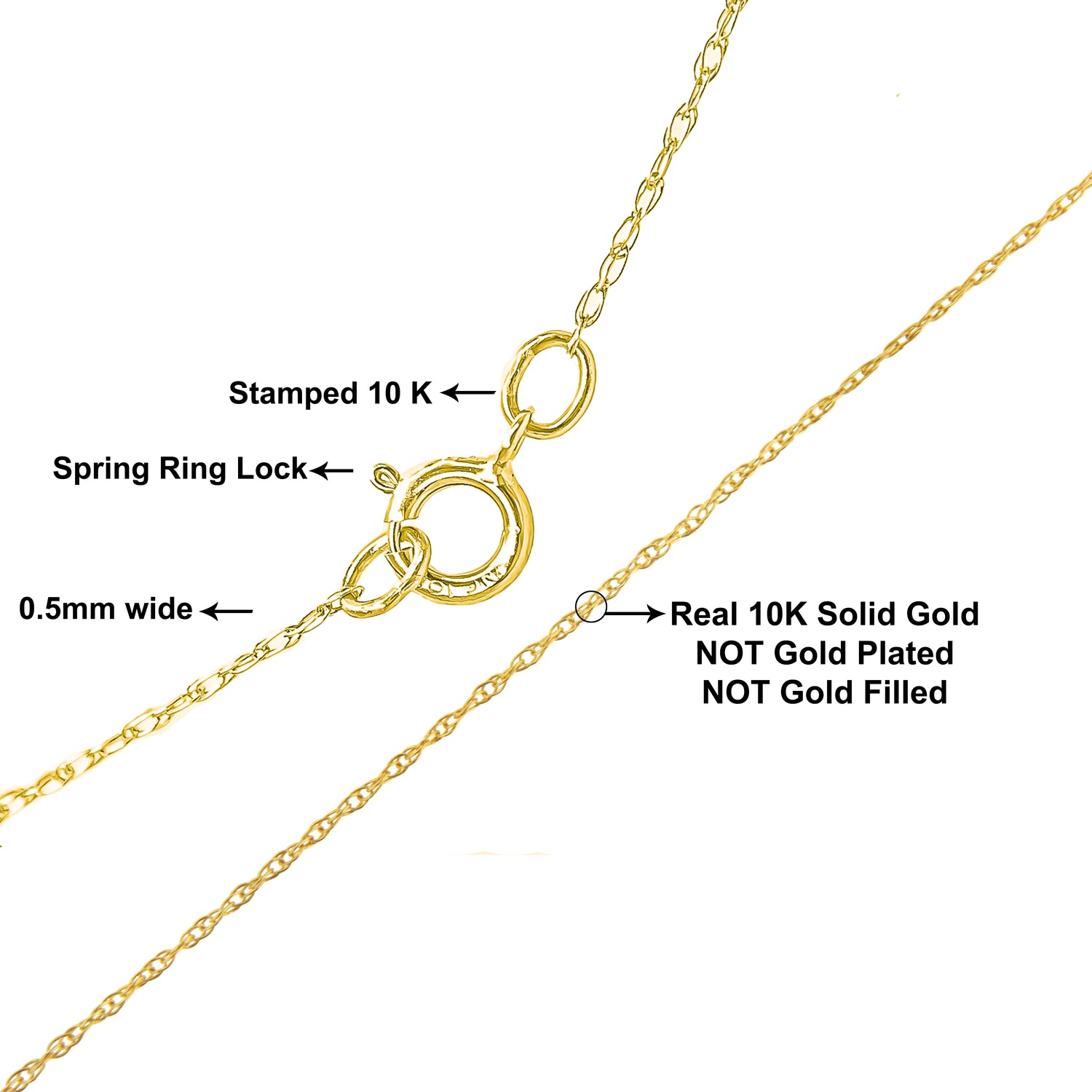 Haus of Brilliance Solid 10K Yellow Gold 0.5mm Rope Chain Necklace. Unisex Chain - Size 20&quot; Inches