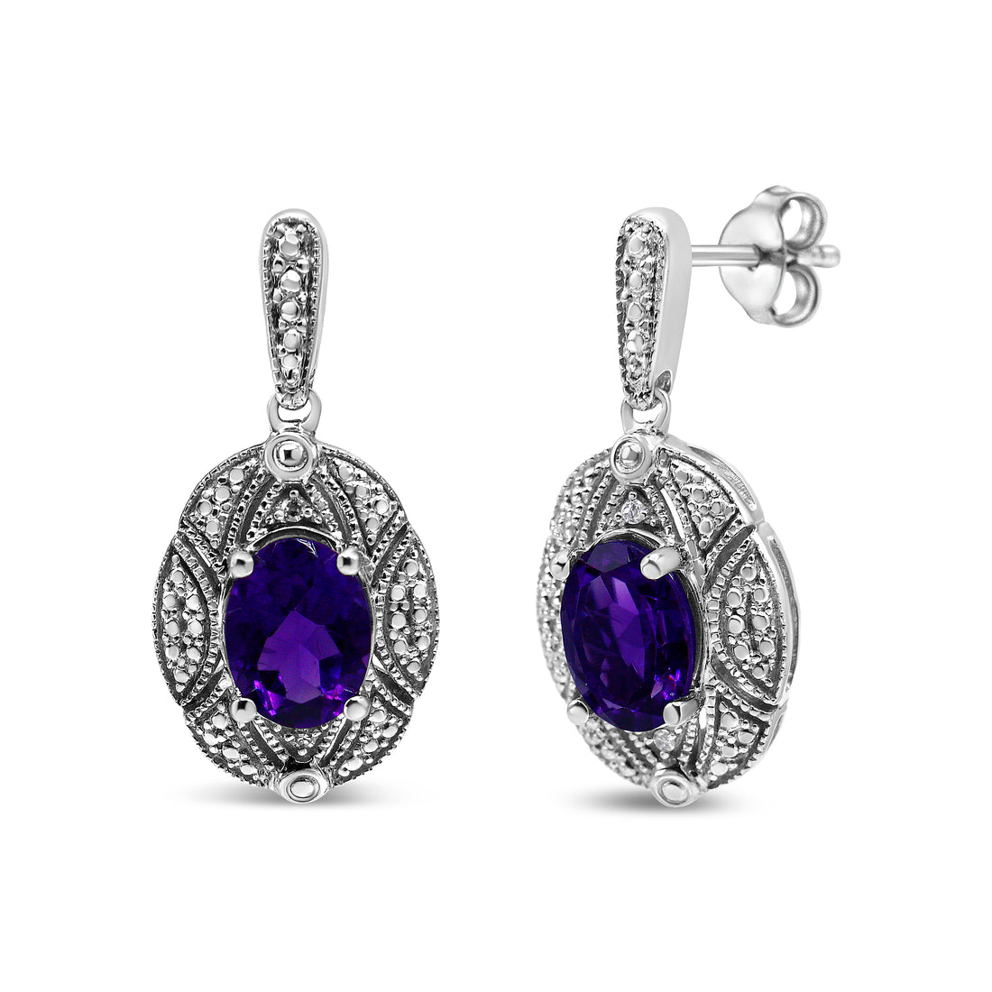 Haus of Brilliance .925 Sterling Silver Diamond Accent and 8x6mm Purple Oval Amethyst Stud Earrings (I-J Color, I1-I2 Clarity)