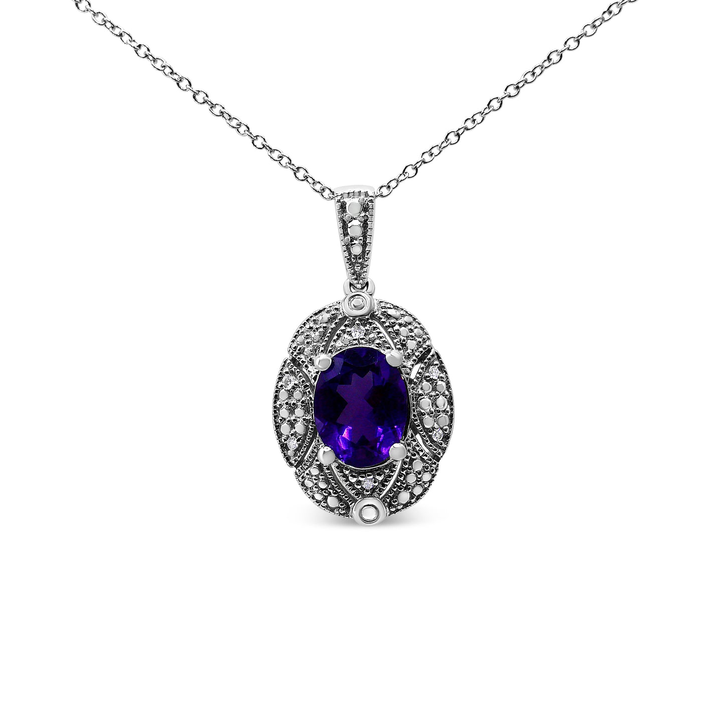 Haus of Brilliance .925 Sterling Silver Diamond Accent and 9x7mm Purple Oval Amethyst Gemstone Pendant 18" Necklace (I-J Color, I1-I2 Clarity)