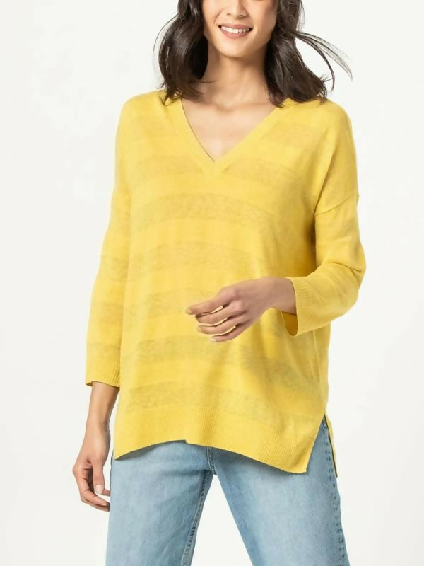 Lilla P Relaxed V-Neck Tunic Sweater - Stripes - Yellow- M