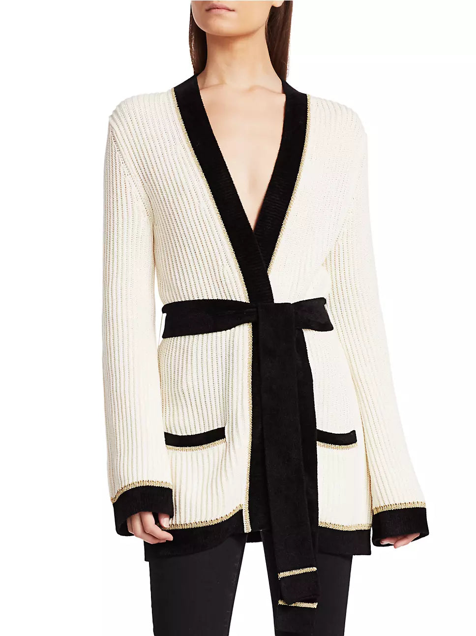 Derek Lam 10 Crosby Belted Ribbed Wool Blend Cardigan - /White Multi