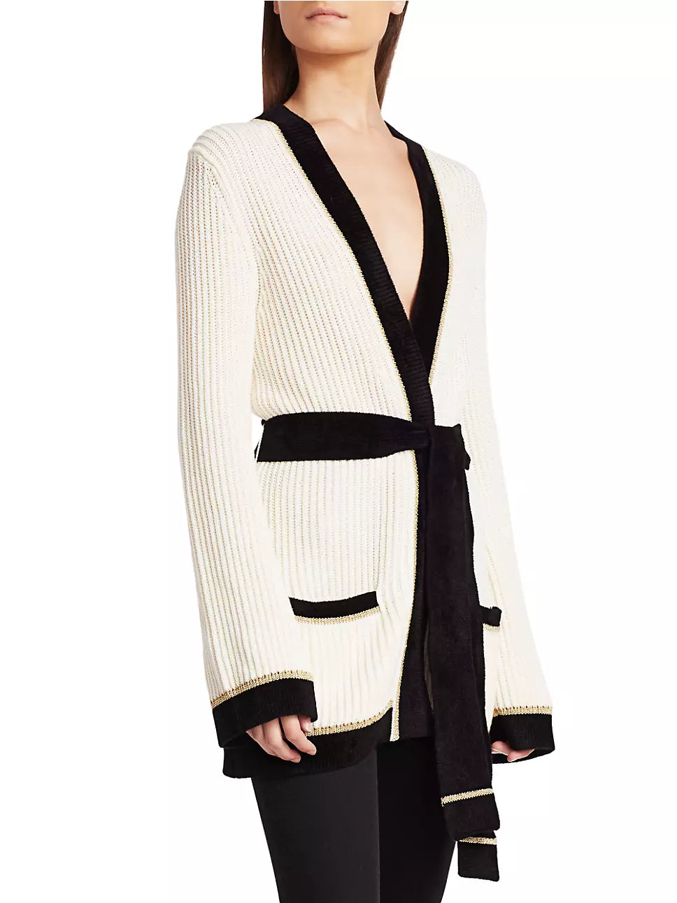 Derek Lam 10 Crosby Belted Ribbed Wool Blend Cardigan - /White Multi