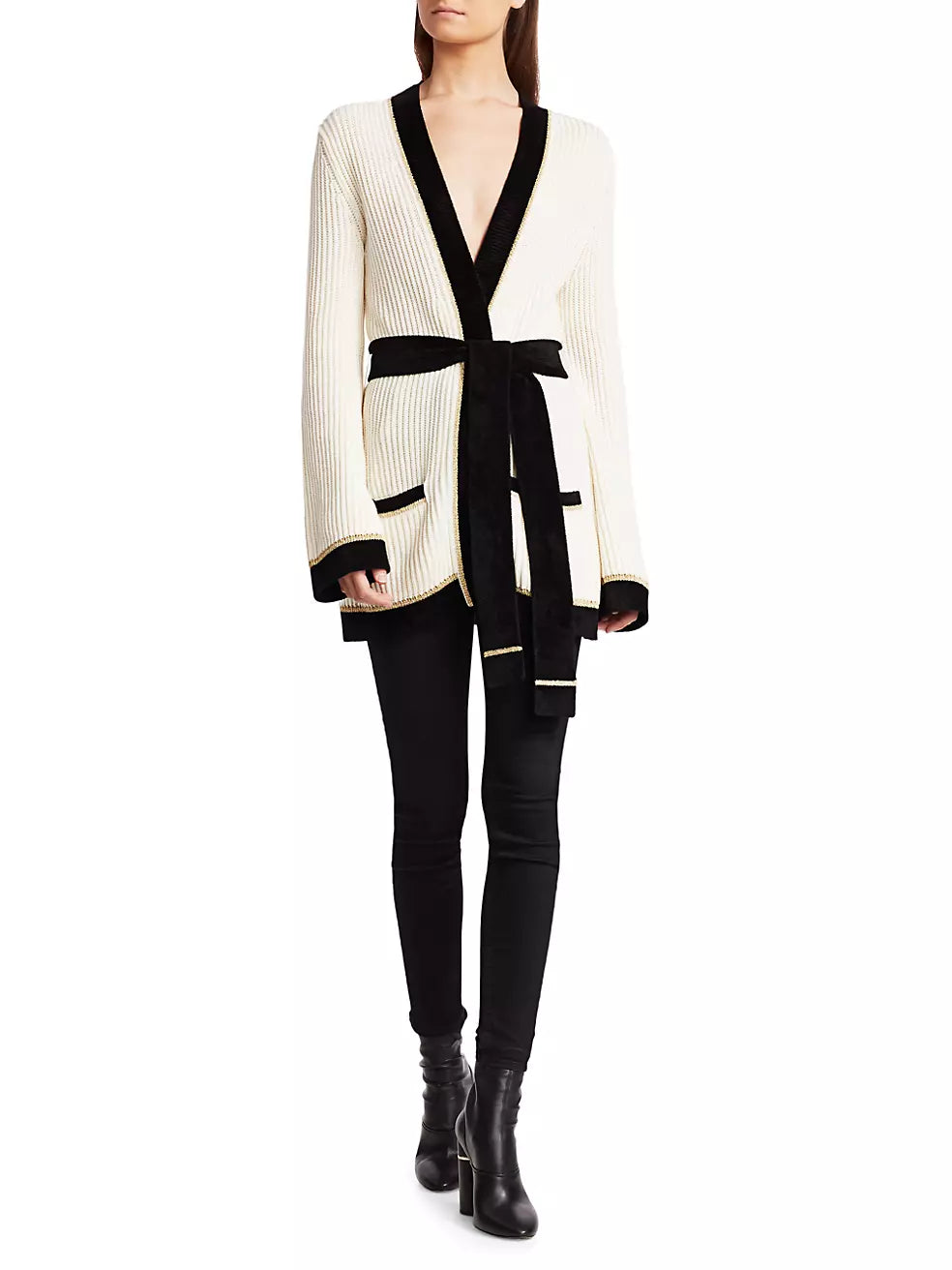 Derek Lam 10 Crosby Belted Ribbed Wool Blend Cardigan - /White Multi