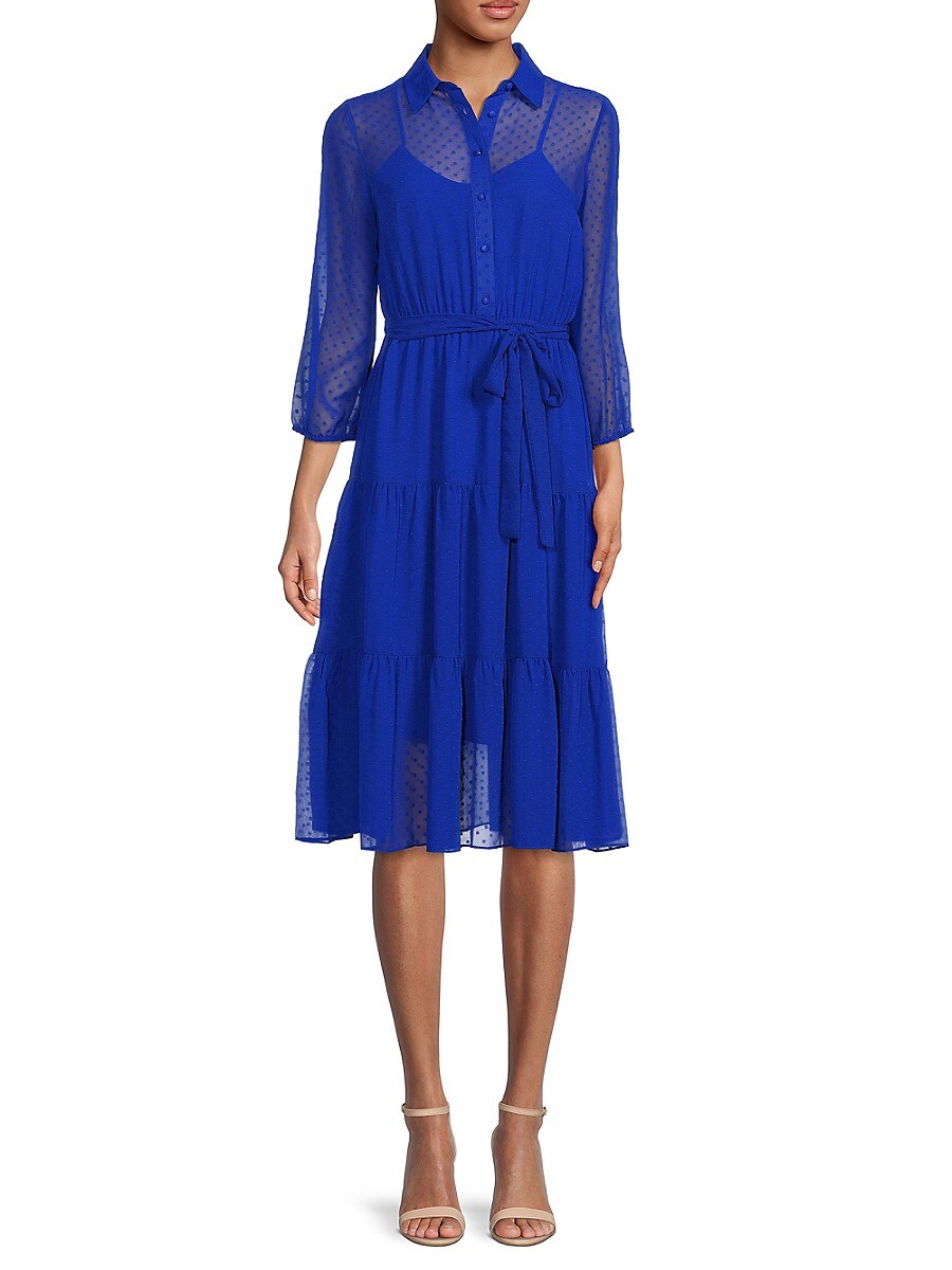 NANETTE Nanette Lepore Belted 3/4 Sleeve Midi Shirtdress - /Blue