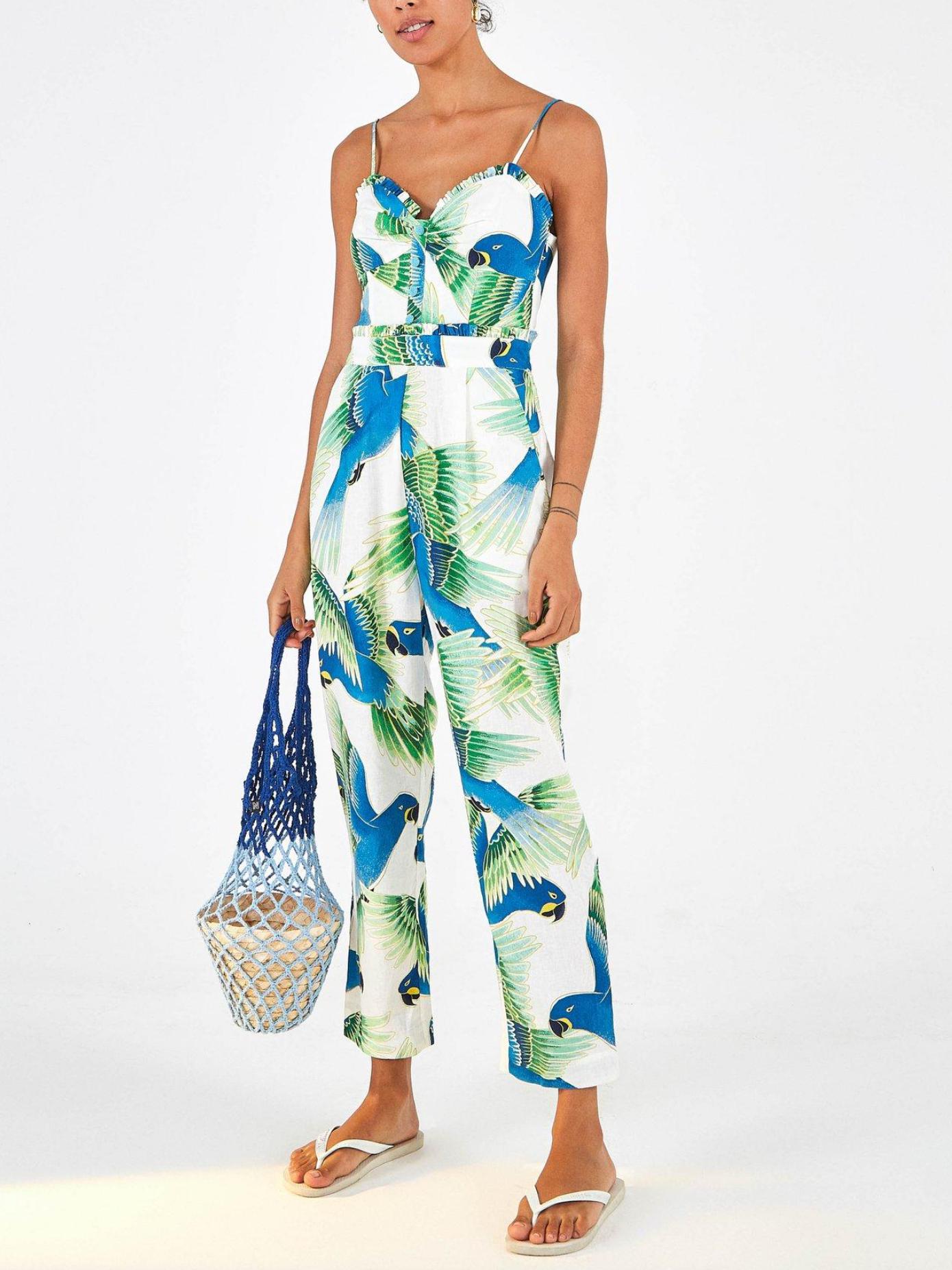 FARM Rio Spaghetti Strap Araras Jumpsuit - Animal - White Multi