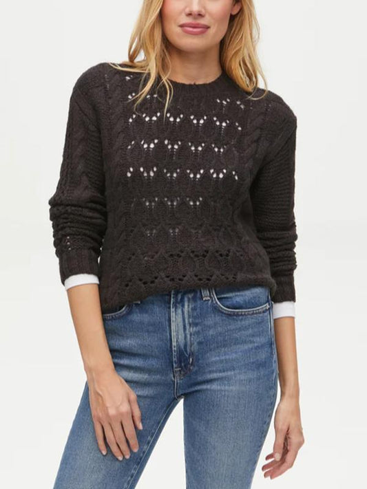 Michael Stars Louisa Cable Knit Pointelle Pullover Sweater - Black - XS