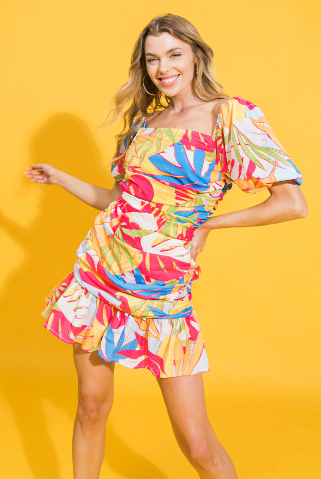 Flying Tomato Tropical Patterned Drop Waist Linen Mini / L