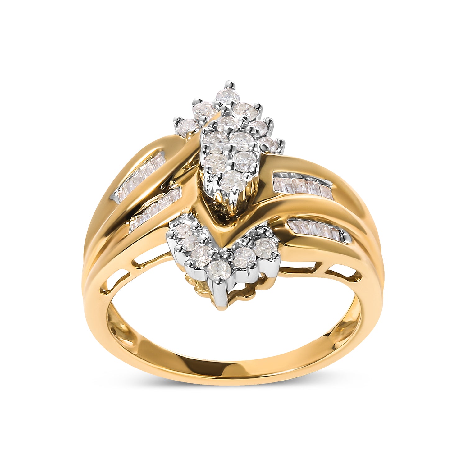 Haus of Brilliance 10K Two-Toned 1/2 Cttw Round And Baguette-Cut Composite Pear Head Diamond Ring (H-I Color, I2-I3 Clarity) - Ring Size 7
