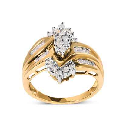 Haus of Brilliance 10K Two-Toned 1/2 Cttw Round And Baguette-Cut Composite Pear Head Diamond Ring (H-I Color, I2-I3 Clarity) - Ring Size 7
