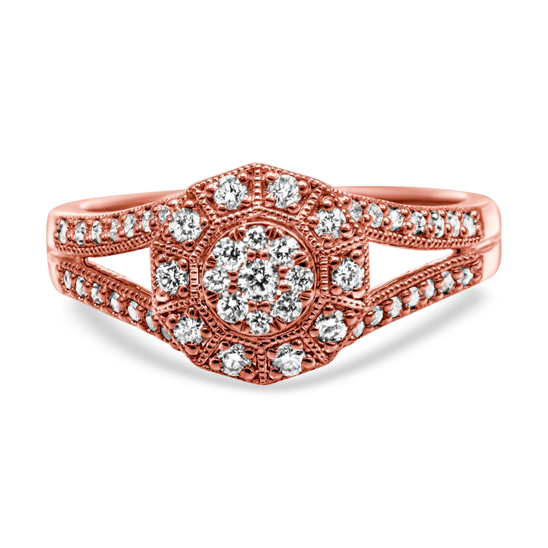 Haus of Brilliance 14K Rose Gold Plated .925 Sterling Silver 1/2 Cttw Pave Diamond Halo Cluster Split Shank Cocktail Ring (I-J Color, I1-I2 Clarity) - Size 7