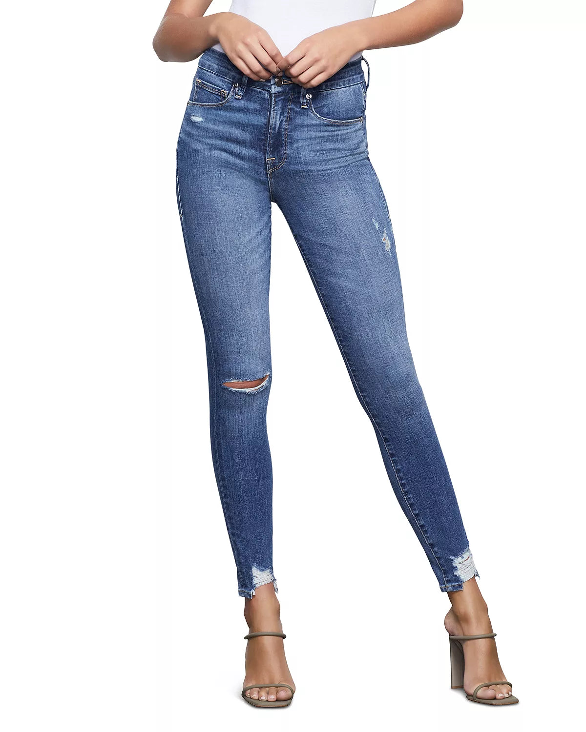 Good American High Rise Chewed Hem Skinny Jeans - /Blue