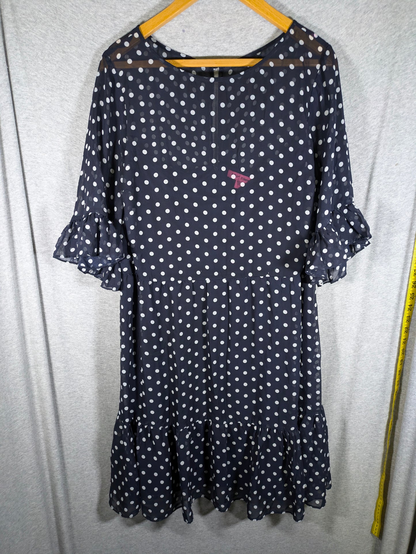 Betsey Johnson Ruffled Belted Flounce Dress - Polka Dot - Navy Multi/Navy/Ivory - 16/