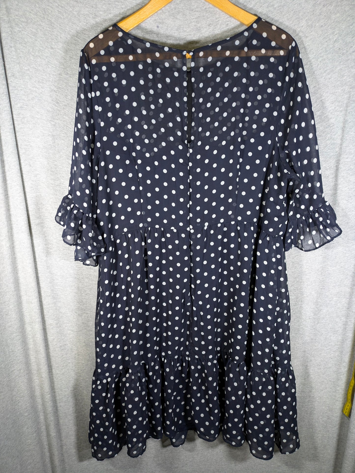 Betsey Johnson Ruffled Belted Flounce Dress - Polka Dot - Navy Multi/Navy/Ivory - 16/