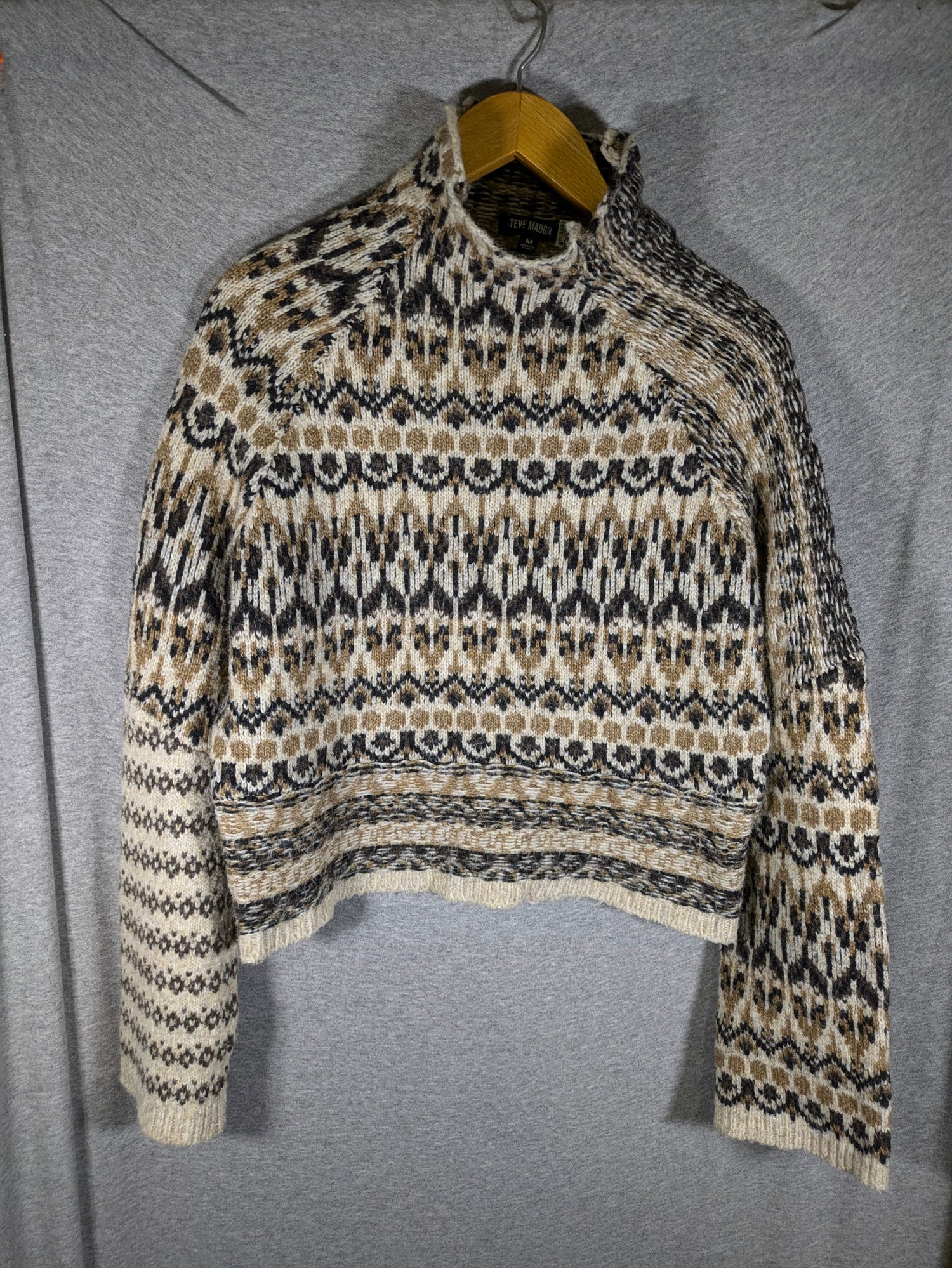 Steve Madden Indie Long Sleeve Wool Blend Sweater - Geometric - Brown Multi/Multi - M/