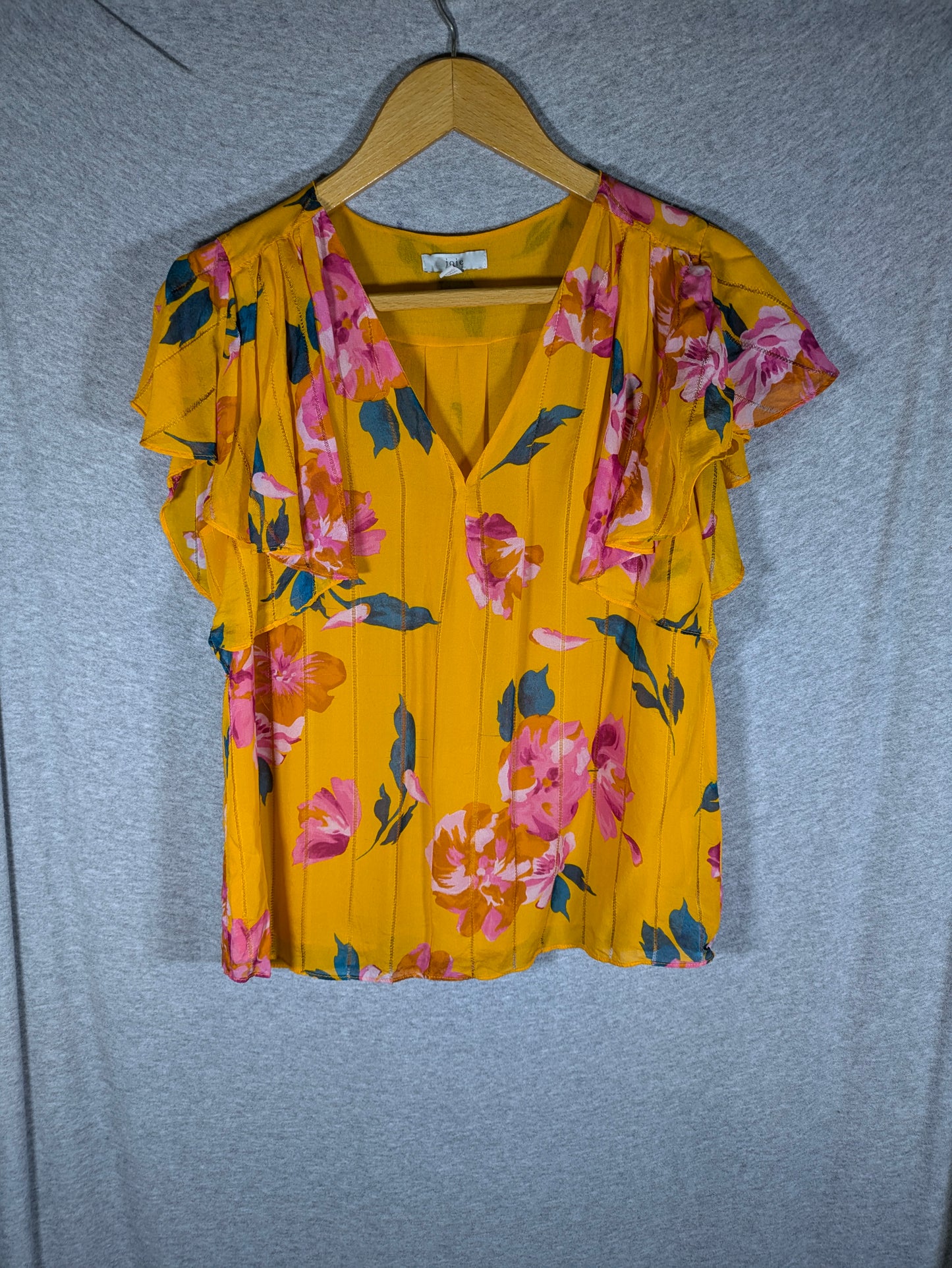 Joie Flutter Sleeve Silk Blouse - Floral - Yellow Multi/Zinnia - S/