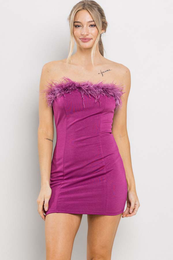 Better Be Magenta Feather Trim Bodycon Mini