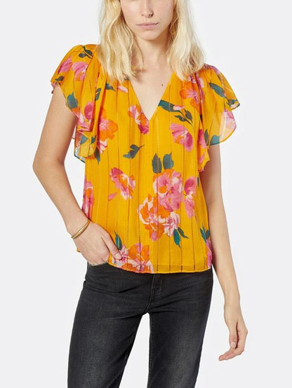 Joie Flutter Sleeve Silk Blouse - Floral - Yellow Multi/Zinnia - S/