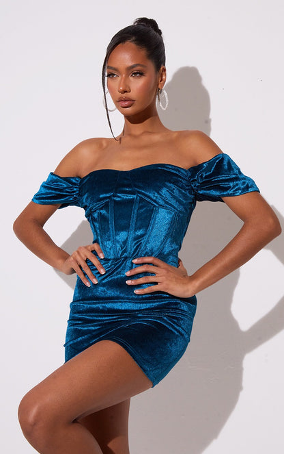 PrettyLittleThing Teal Velvet Corset Off the Shoulder Mini Dress / S