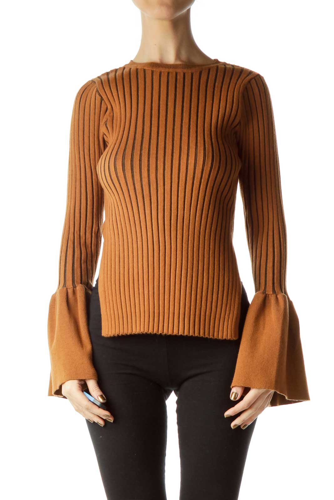 Few Moda Ribbed Bell Sleeve Sweater Blouse - Brown