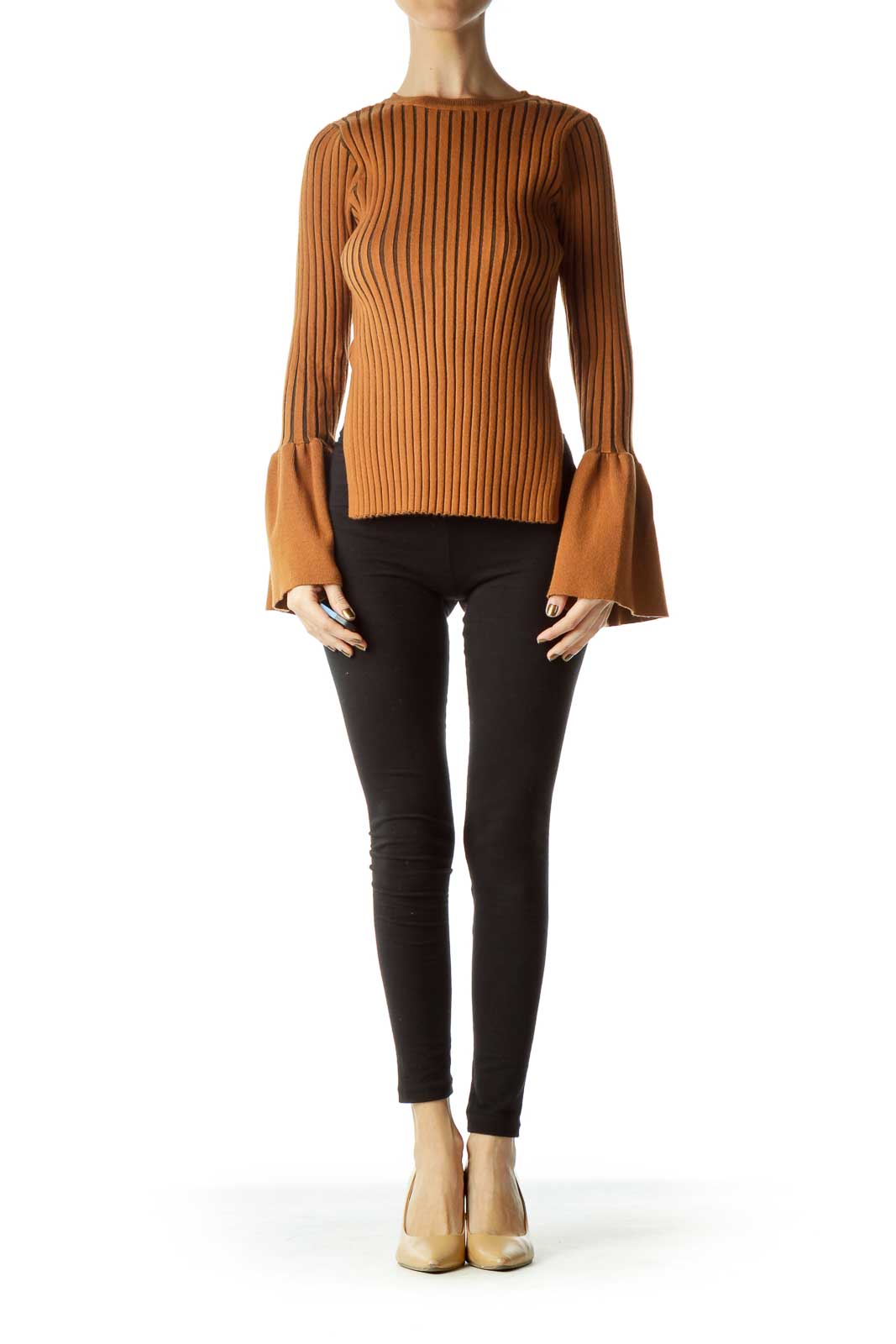 Few Moda Ribbed Bell Sleeve Sweater Blouse - Brown