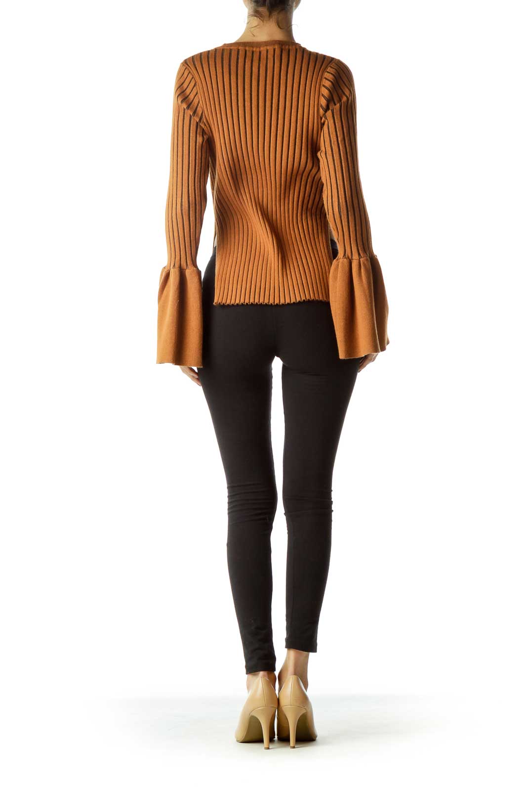 Few Moda Ribbed Bell Sleeve Sweater Blouse - Brown