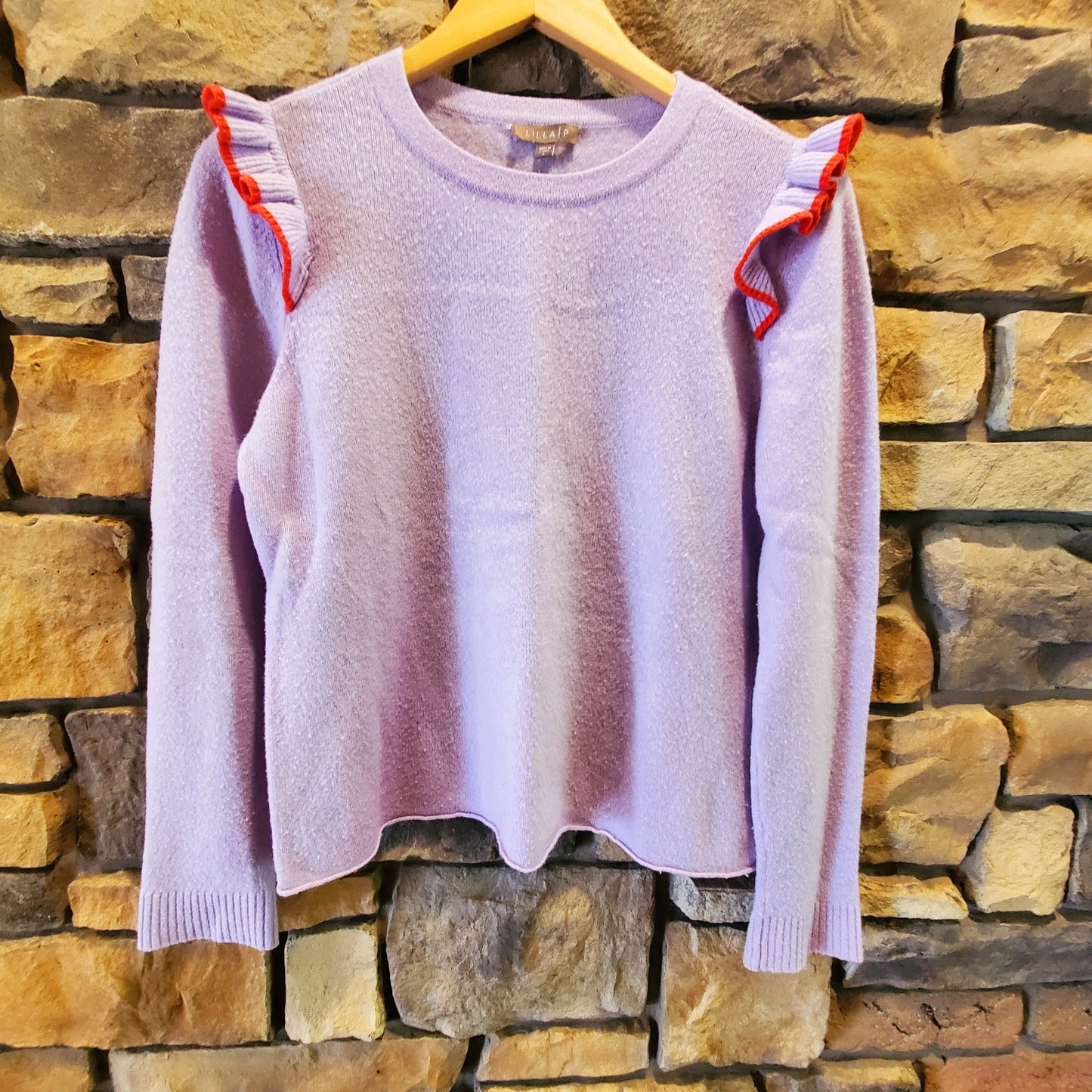 Lilla P Cashmere Contrast Ruffle Pullover Sweater - /Purple - L