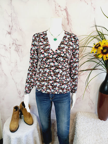 Boden Long Sleeve V-Neck Gathered Printed Blouse - Floral - Black Multi/Black, Romantic Bloom - 4