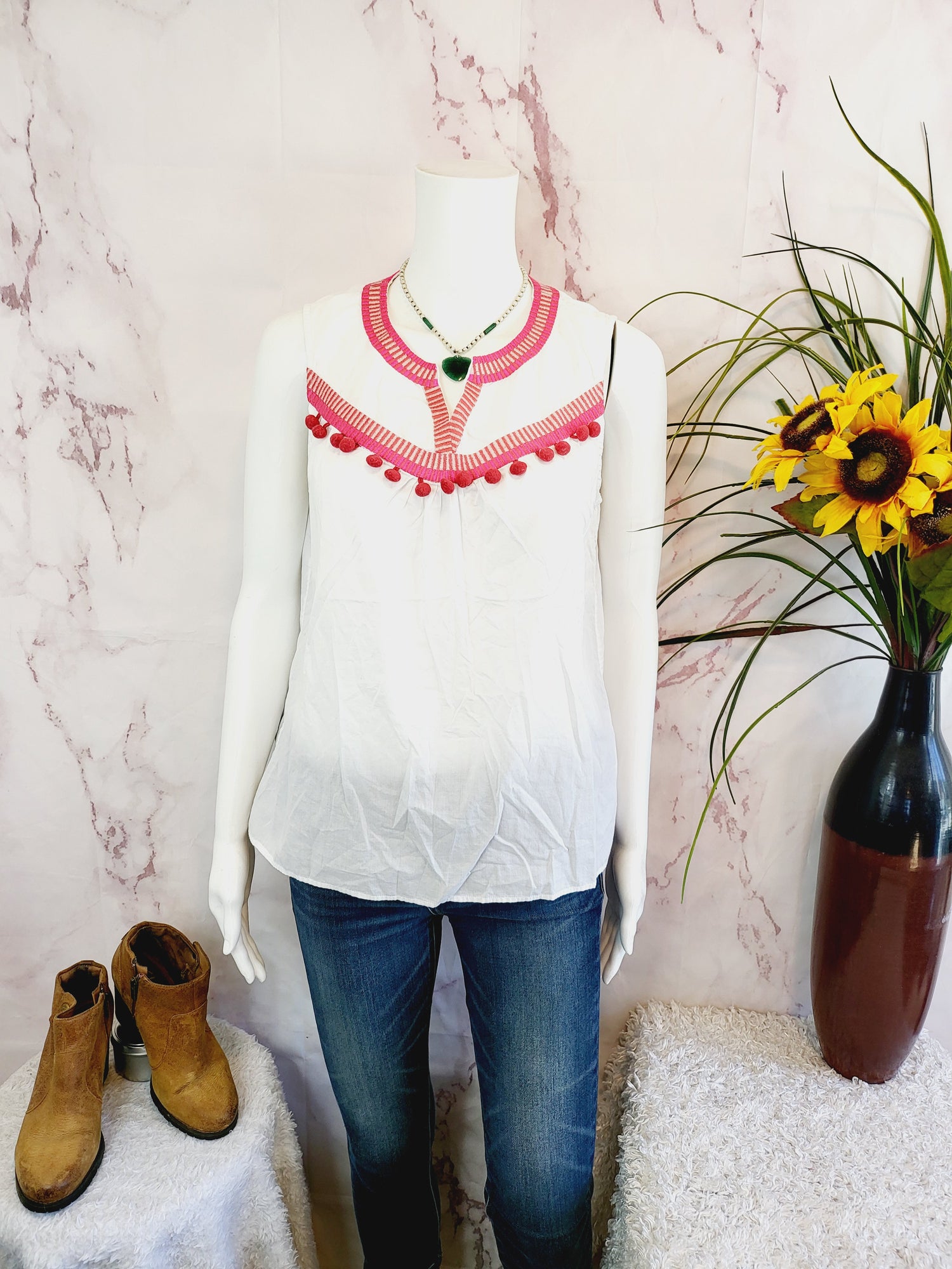 Boden Sleeveless Splitneck Embroidered Pompom Blouse - /White Multi - 6