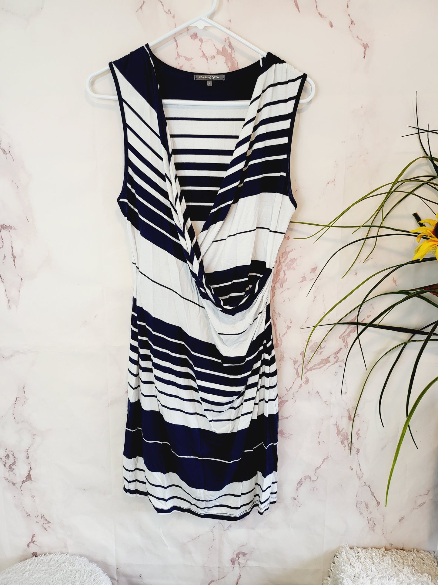 Michael Stars Maternity Striped Sleeveless V-Neck Drape-Front Body Con Dress - Stripes - Navy Multi