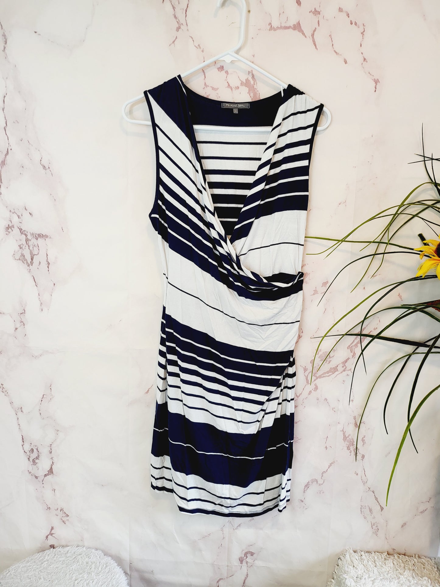 Michael Stars Maternity Striped Sleeveless V-Neck Drape-Front Body Con Dress - Stripes - Navy Multi