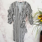 Eloquii 3/4 Puffed Sleeve V-Neck Self-Tie Striped Wrap Dress - Stripes - Black Multi