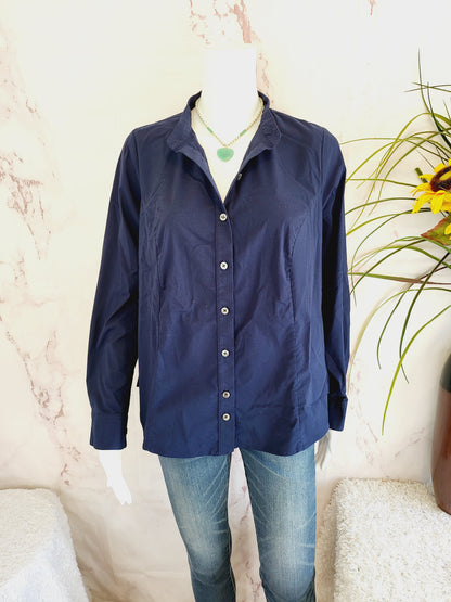 Pari Passu Mandarin Collar Button Up Shirt Fit B: &quot;Curvier Body Type&quot; - Navy