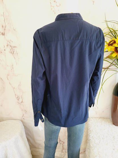 Pari Passu Mandarin Collar Button Up Shirt Fit B: &quot;Curvier Body Type&quot; - Navy