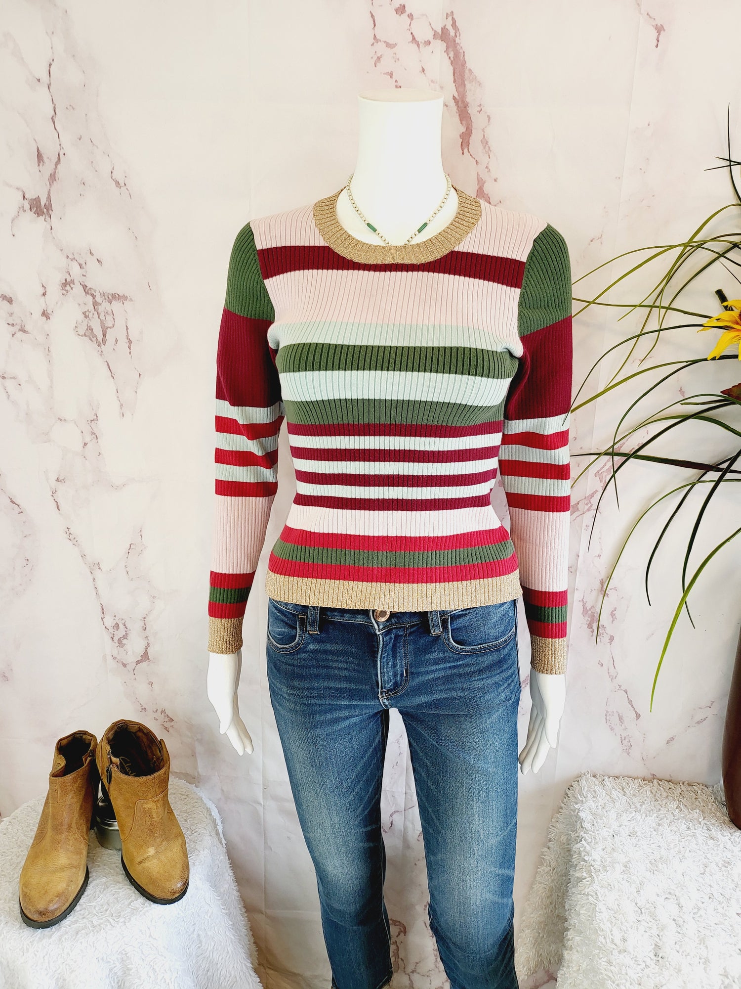 Parker Long Sleeve Crew Neck Ribbed Striped Sweater