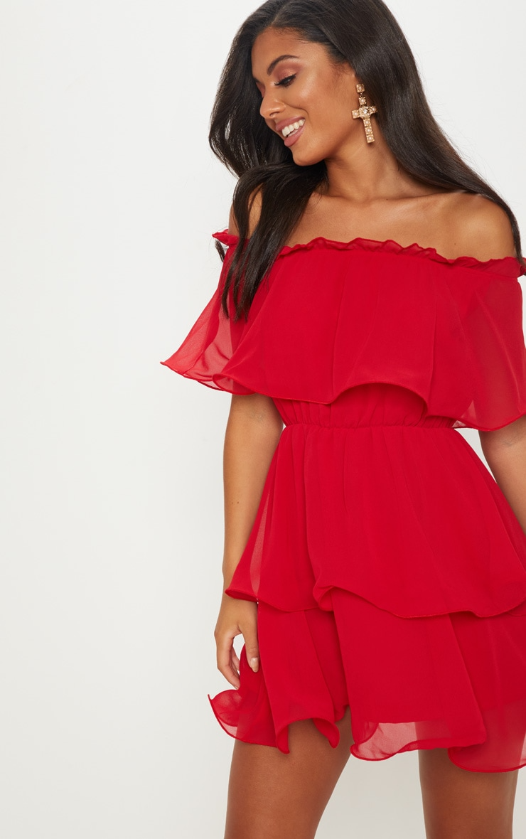 PrettyLittleThing Red Off the Shoulder Chiffon Ruffle Mini / XS