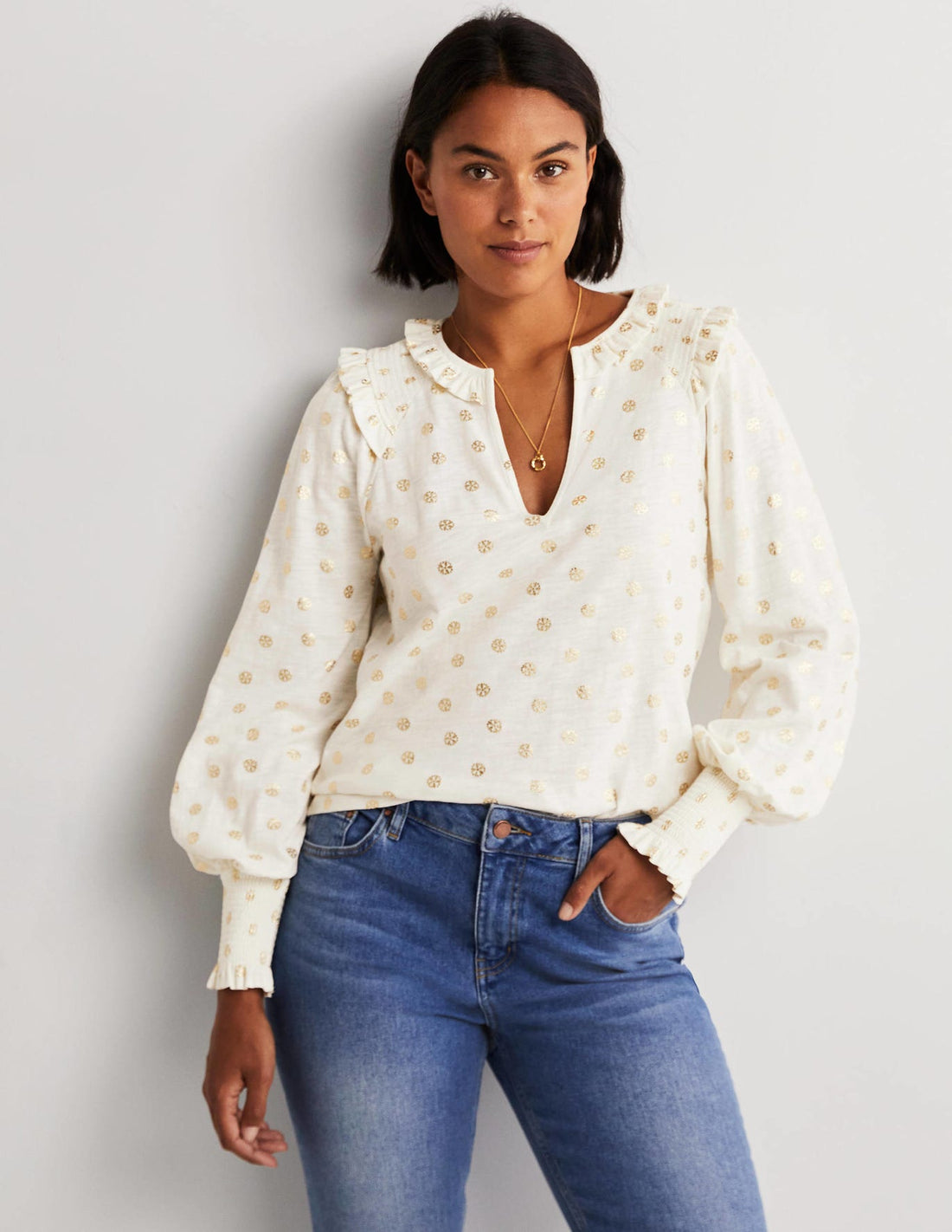 Boden Notch Neck Smocked Frill Top - Dots - Off White Multi/Ivory, Dainty Foil - 4