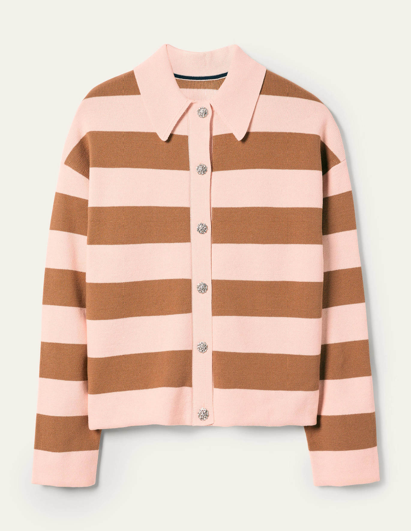 Boden Jewel Button Collared Open Cardigan - Stripes - Pink Multi/Milkshake/Camel Stripe - 10