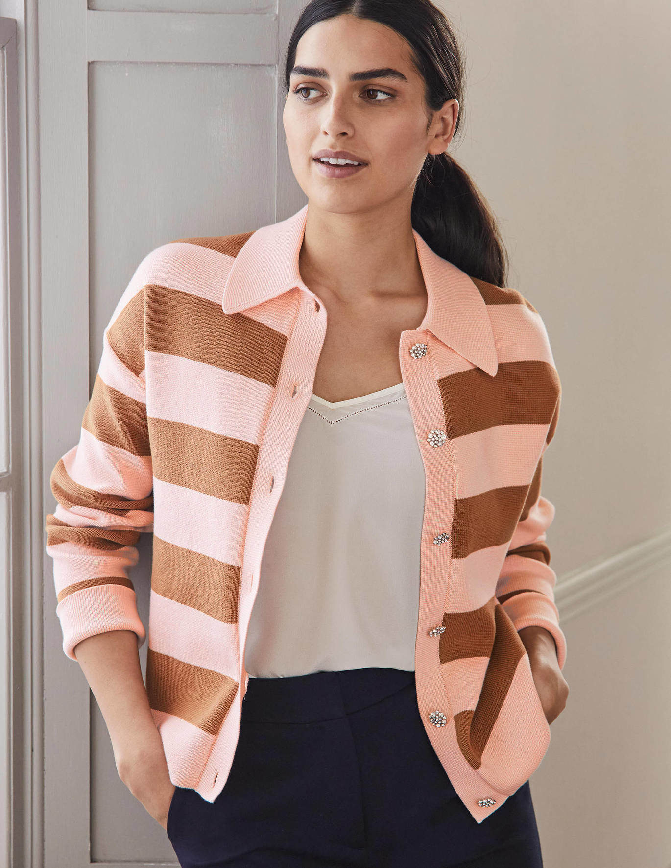 Boden Jewel Button Collared Open Cardigan - Stripes - Pink Multi/Milkshake/Camel Stripe - 10