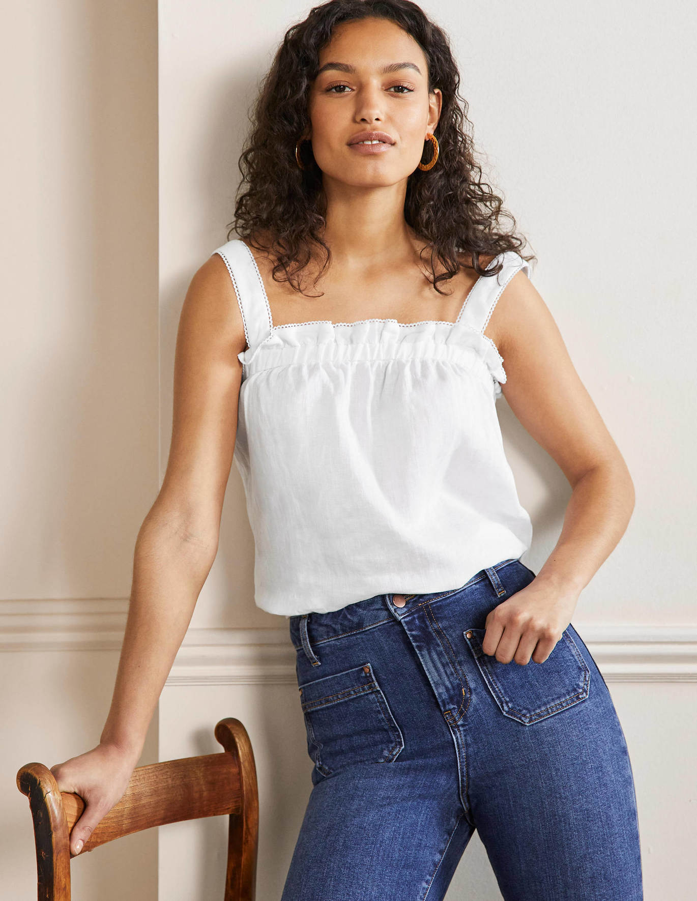 Boden Square Neck Ruffle Top - White