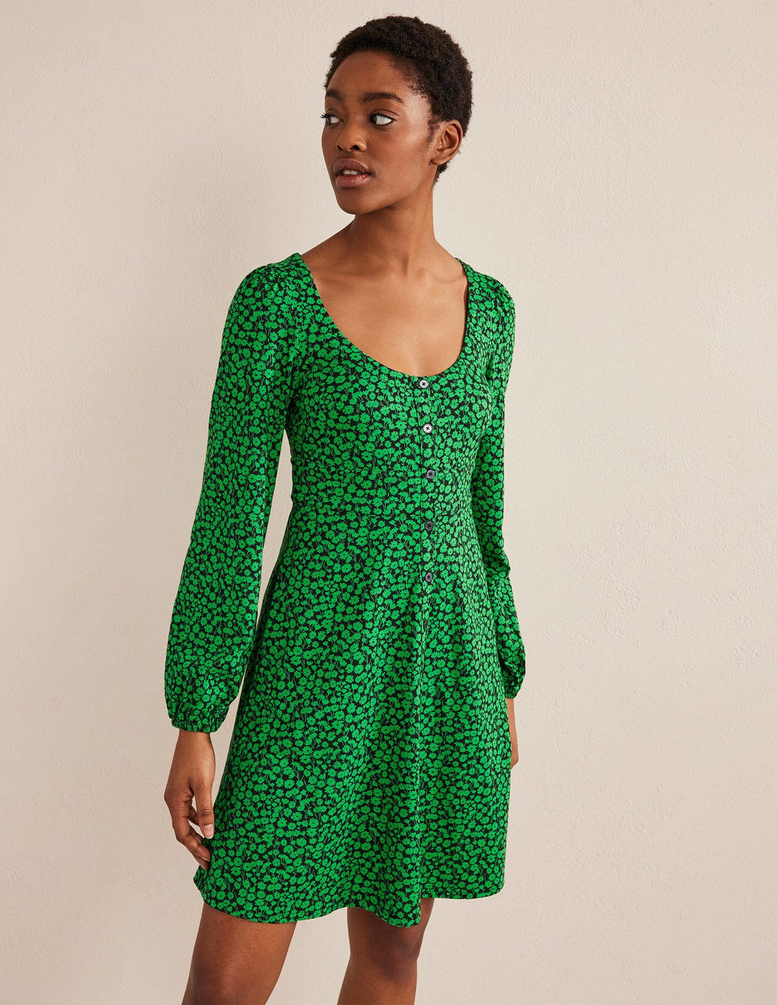 Boden Button Front Jersey Mini Dress - Floral - Green Multi/Green Bee