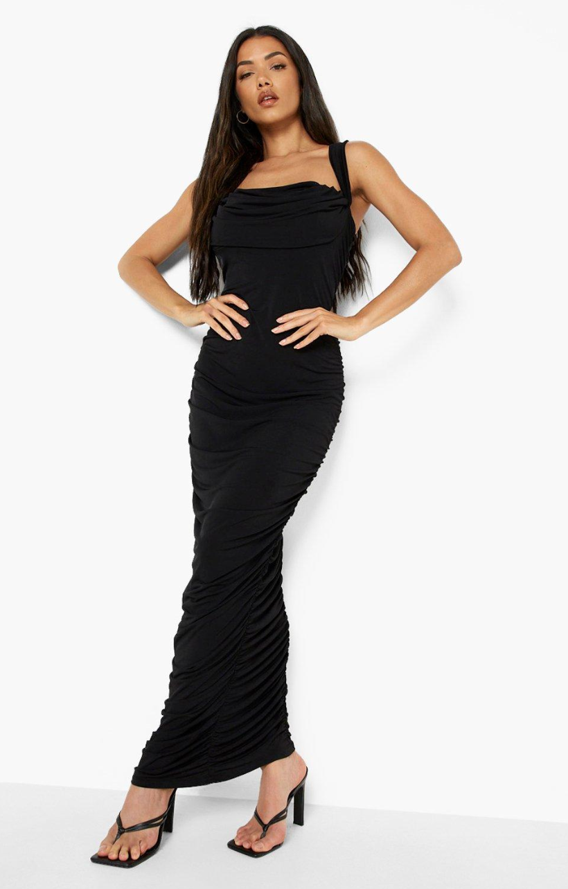 Boohoo Black Ruched Bardot Maxi