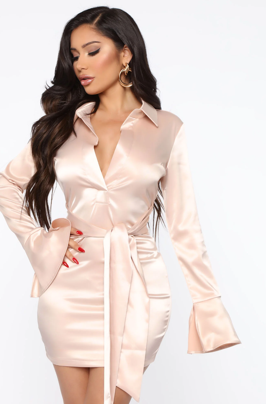 Fashion Nova Blush Satin Collared Tie Mini / XL