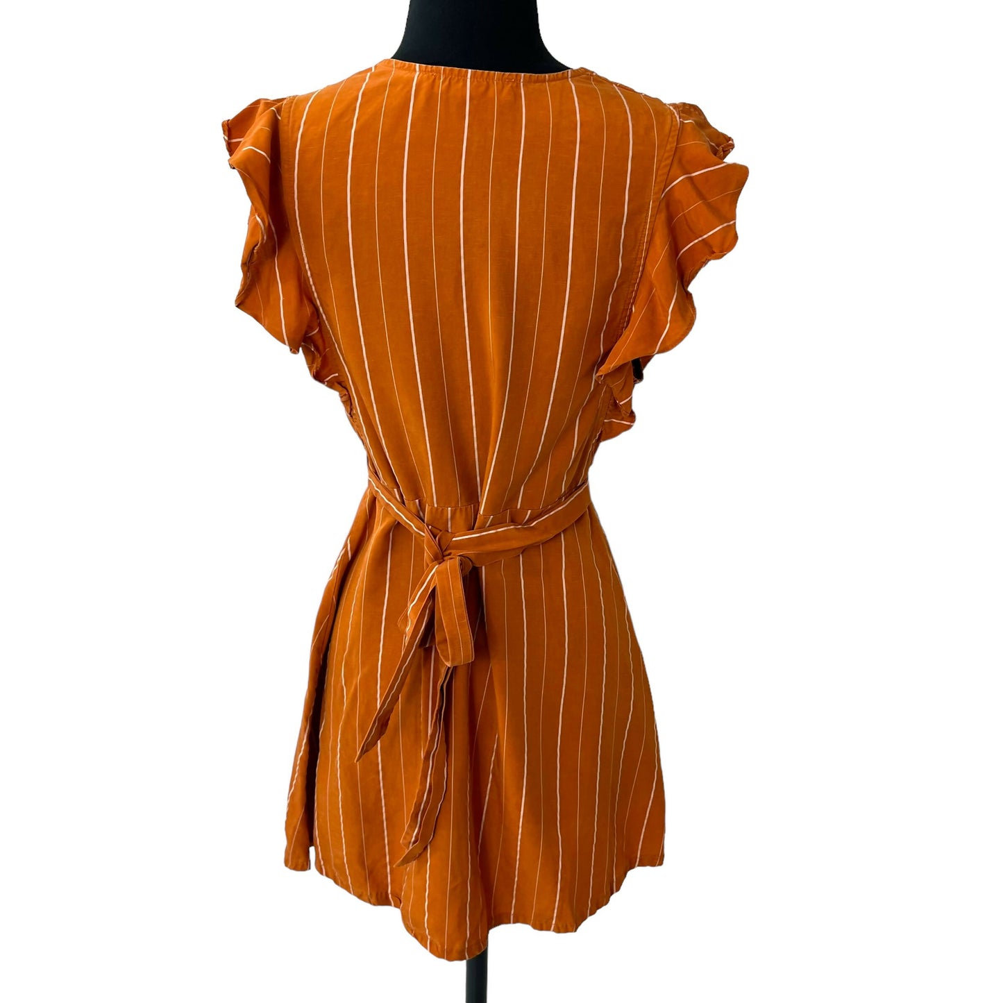 ASTR the Label Upcycled Butterfly Sleeve Deep V-Neck Button-Front Mini Dress - Stripes - Orange Multi/Papaya Stripe - M