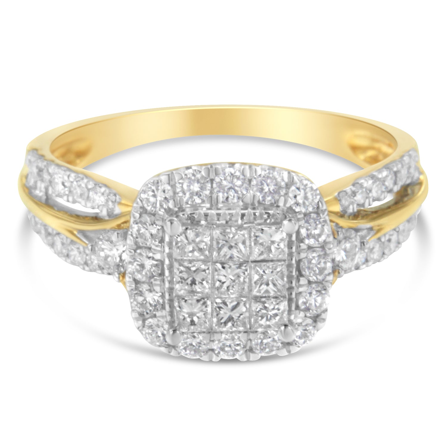 Haus of Brilliance 10K Yellow Gold 1.0 Cttw Diamond Composite Cushion-Shape Halo 3-Band-Look Engagement Ring (H-I Color, SI1-SI2 Clarity) - Size 7