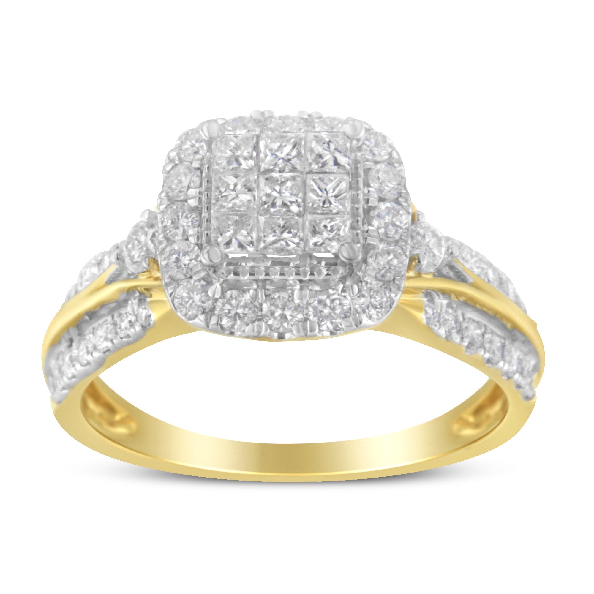 Haus of Brilliance 10K Yellow Gold 1.0 Cttw Diamond Composite Cushion-Shape Halo 3-Band-Look Engagement Ring (H-I Color, SI1-SI2 Clarity) - Size 7