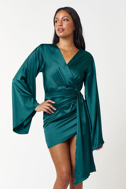 Blue Blush Emerald Long Sleeve Satin Drape Mini / S NWOT