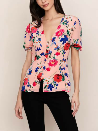 Yumi Kim Short Elastic Sleeve Button Front Blouse - Floral - Pink Multi/Sunnyside Pink (Silk Blend) - L