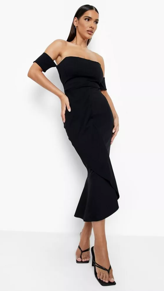 Boohoo Black Off the Shoulder Ruffle Detail Midi