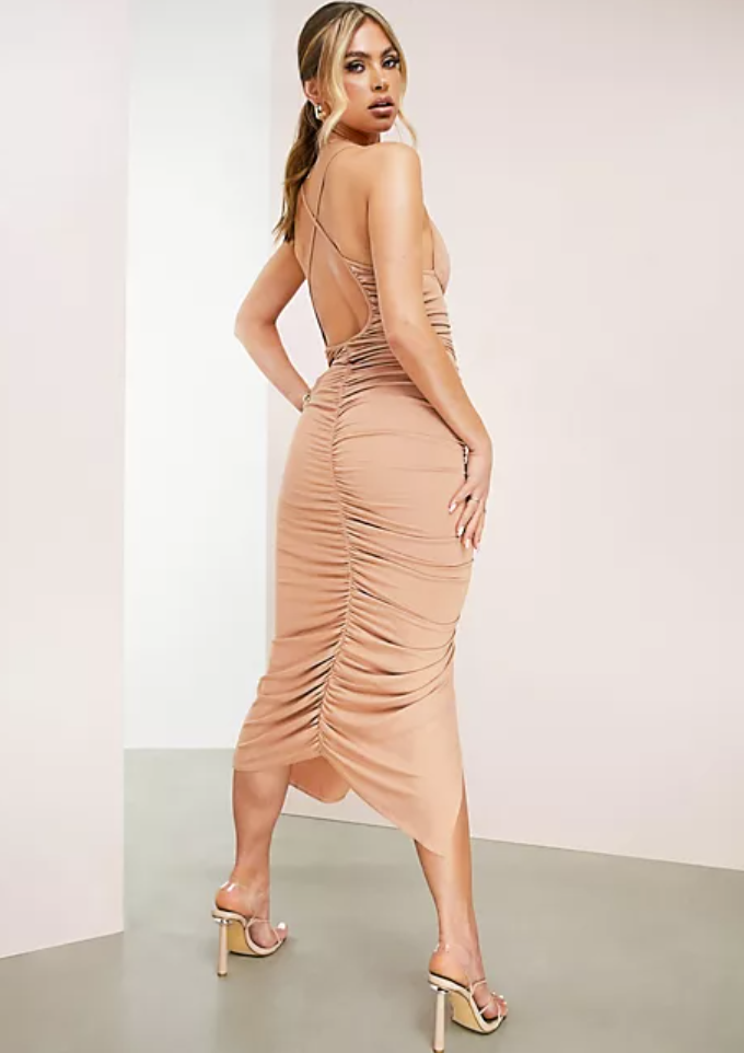 Asos Brown Ruched Midi Dress